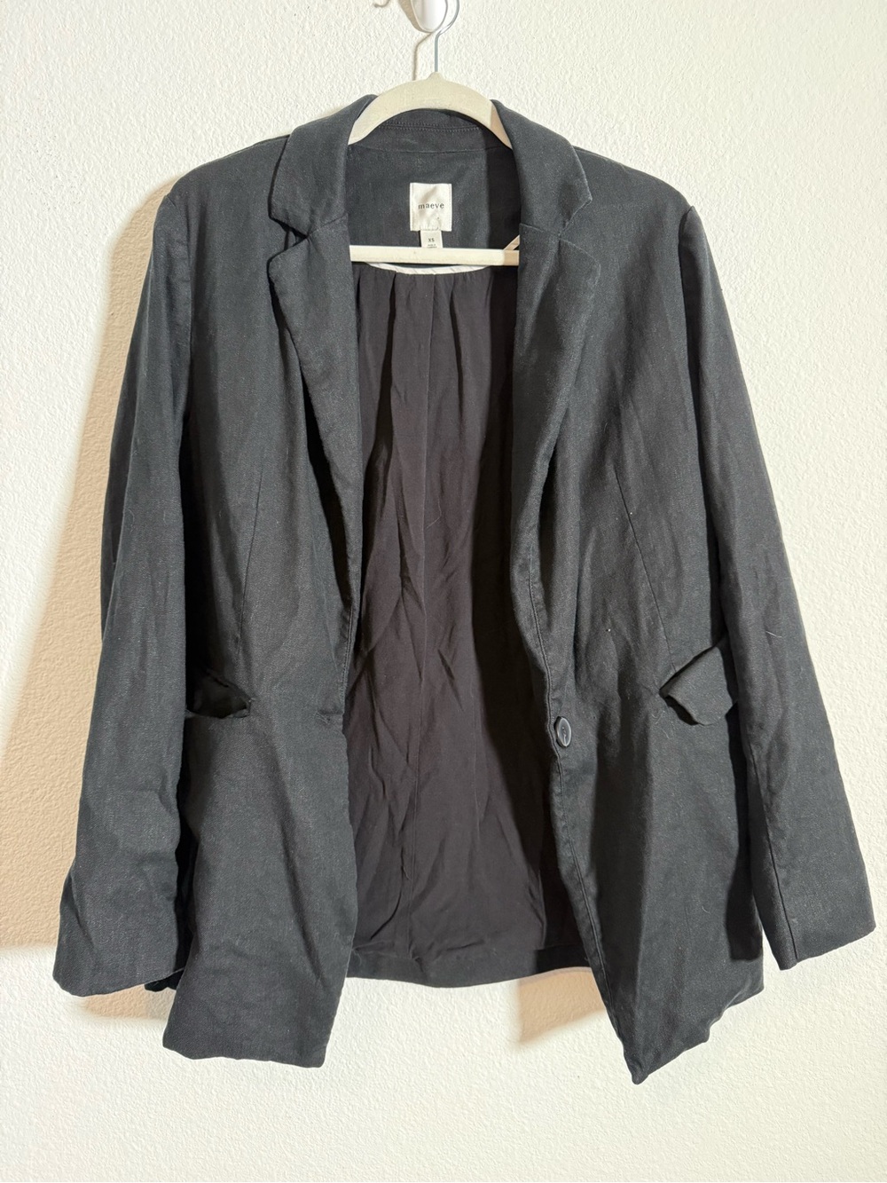 Maeve Anthropologie Black Linen Blend Blazer‎ Jacket Minimalist Office Chic XS